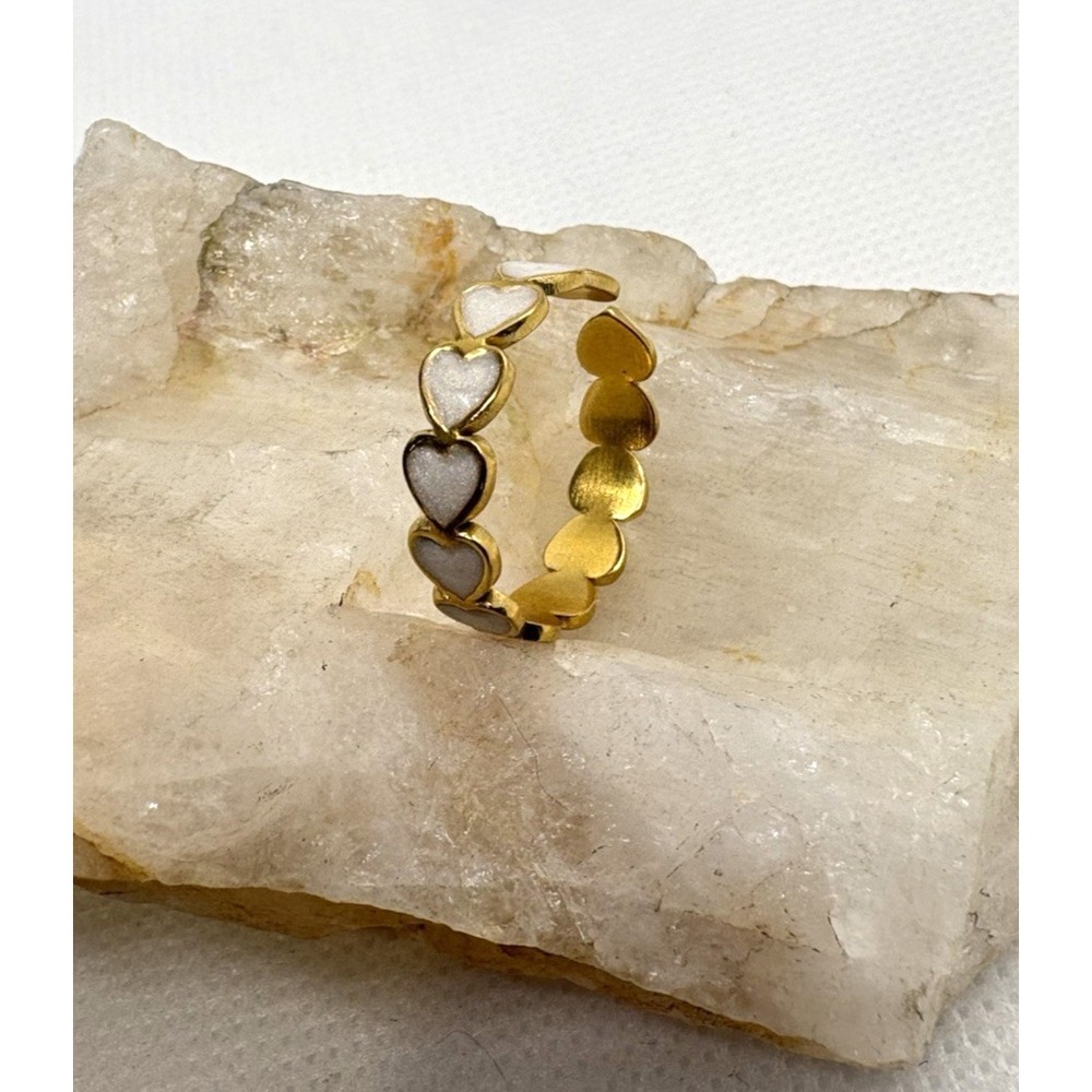 18K Gold Plated Heart Enamel Band Ring Size 7 Open Adjustable White Hearts Cute